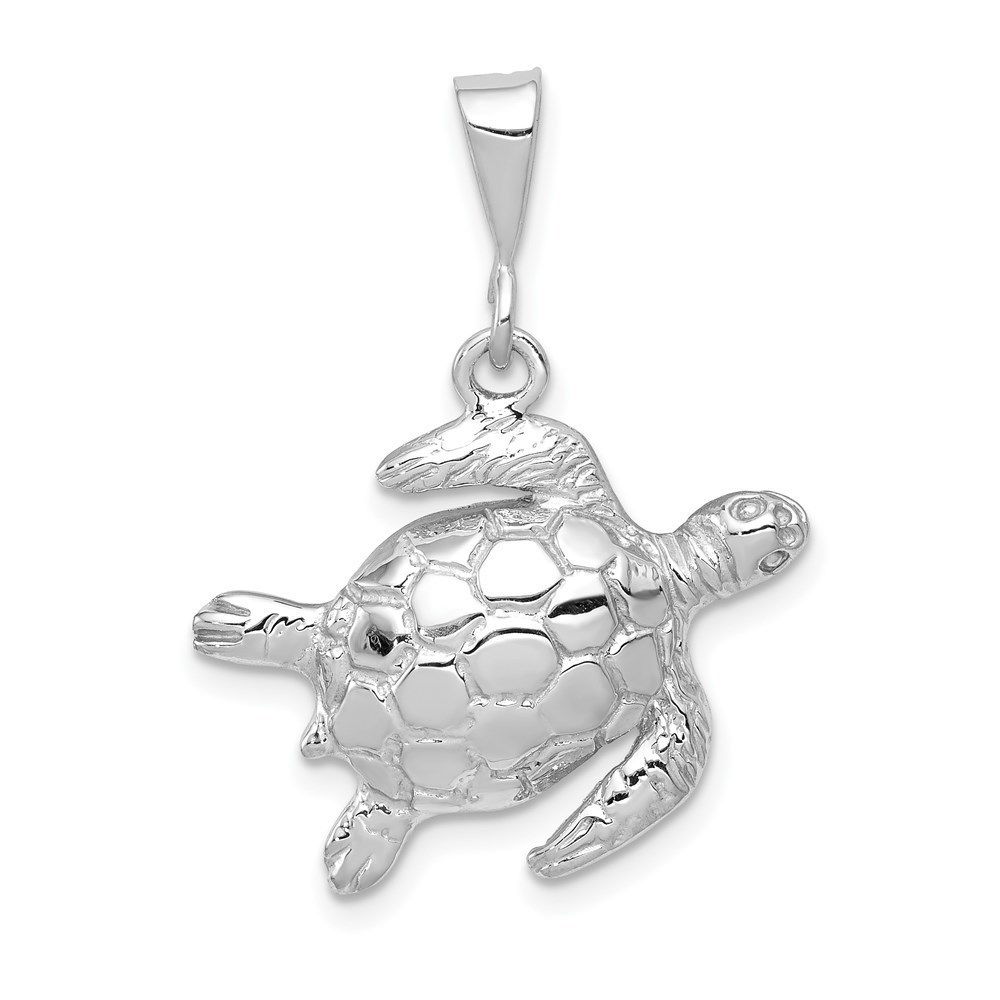 14k White Gold Solid Polished Open-Backed Sea Turtle Necklace Charm Pendant